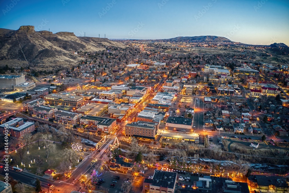 Aerial View of Christmas Lights at Dusk in Golden, Colorado