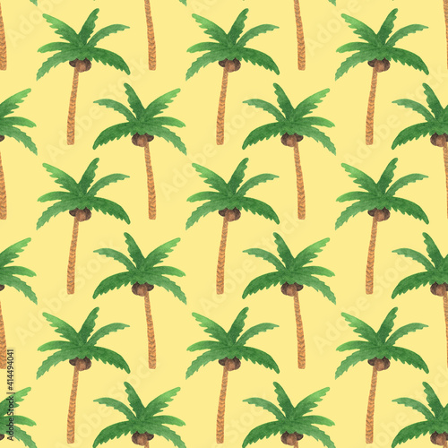 Beautiful seamless tropical pattern background with watercolor painted palm trees. Colorful summer background. © Christina