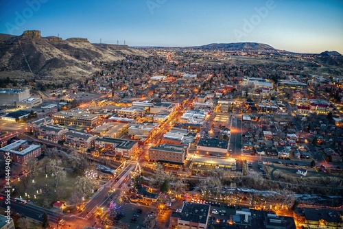 Aerial View of Christmas Lights at Dusk in Golden, Colorado photo