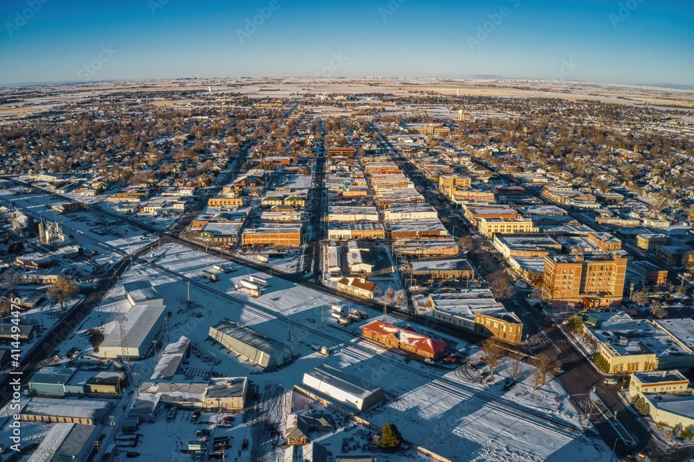 Aerial View of Downtown Scottsbluff, Nebraska in Winter