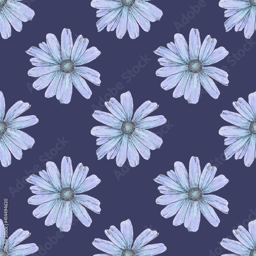 Seamless floral pattern with daisy flowers. Design or wallpaper, textile design, packing, textile, fabric. Chamomile, calendula.