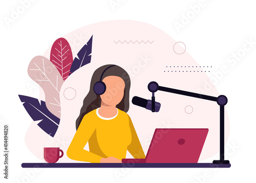 Podcast concept illustration. Female podcaster talking to microphone recording podcast in studio. Concept of internet online radio