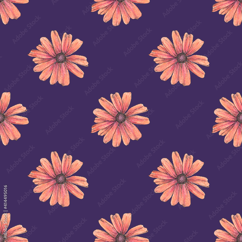 Seamless floral pattern with daisy flowers. Design or wallpaper, textile design, packing, textile, fabric. Chamomile, calendula.