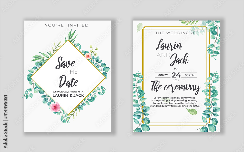 Templates Wedding invitation card  safe and the date design with decoration  frame  Leaf eucalyptus plant 
