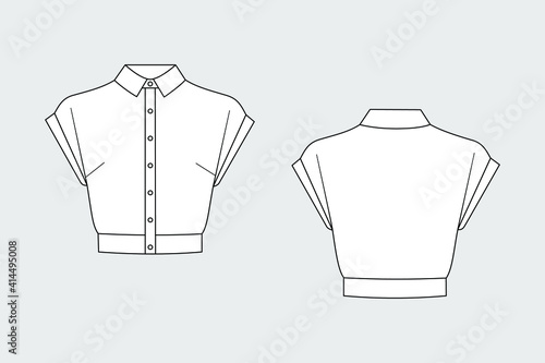 Female shirt vector template isolated on a grey background. Front and back view. Outline fashion technical sketch of clothes model.