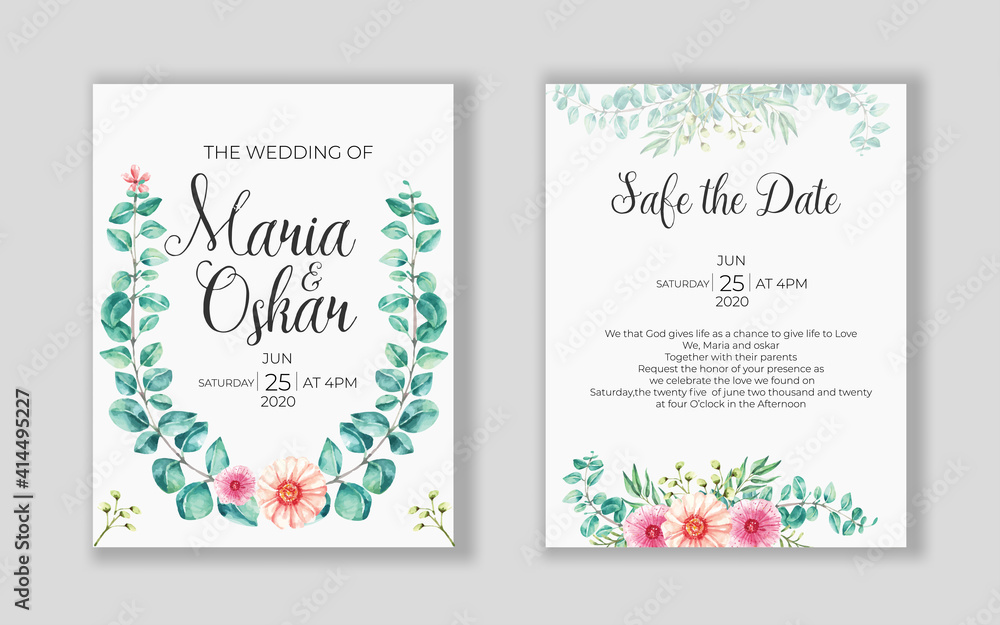 Wedding floral  invitation card save the date design with pink flowers and eucalyptus framed