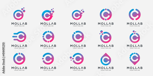 set of collection letter C with dot and molecule concept logo template.