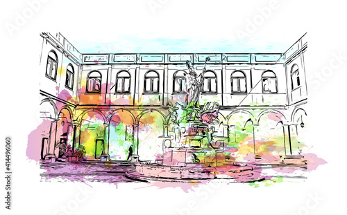 Building view with landmark of Sicily is the
Italian region. Watercolour splash with hand drawn sketch illustration in vector.