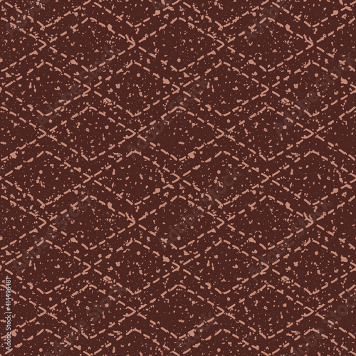 Diamond stitch effect seamless vector pattern background. Modern needlework abstract terrazzo grunge texture monochrome brown backdrop. Embroidery themed earthy geometric rustic style all over print