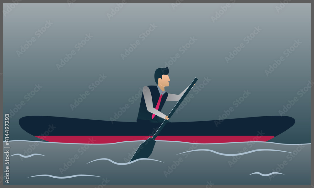 
vector flat illustration of a businessman rowing a boat