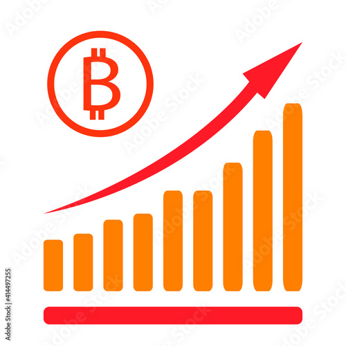 Vector illustration of bitcoin rate increase icon. Bitcoin symbol with stretching arrow up. Increase profit, salary, income, cost, price, economy and revenue. Icon for business concept.