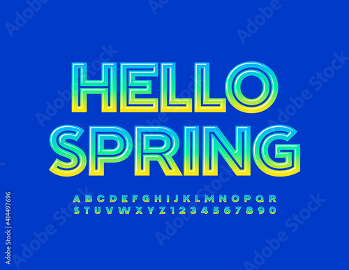 Vector greeting sign Hello Spring. Creative glossy Font. Gradient color Alphabet Letters and Numbers set
