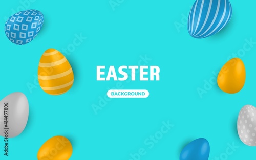 Colored Easter Eggs banner. 3d easter egg, spring holiday traditional symbol.