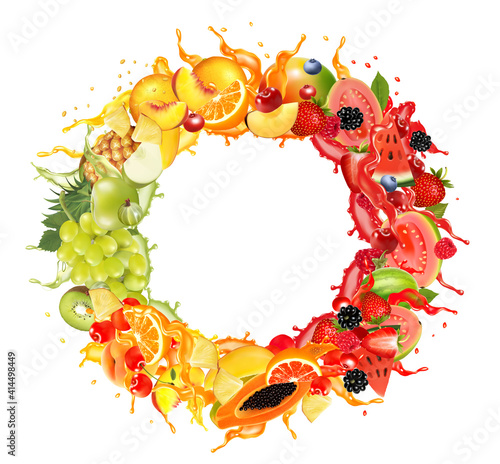 Fruit in juice splash panorama. Strawberry, raspberry, blueberry, blackberry, orange, guava, watermelon, pineapple, mango, peach. Vector.