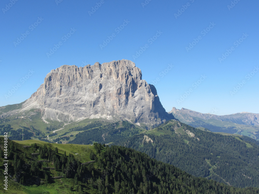 Sassolungo mountain group of the italian Dolomites at sunny summer day . ValGardena, South tyrol, Bolzano, Italy