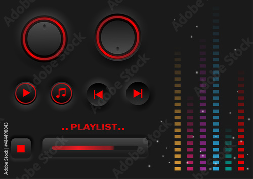 Music buttons on the black background, music, sound, playlist, digital and technology