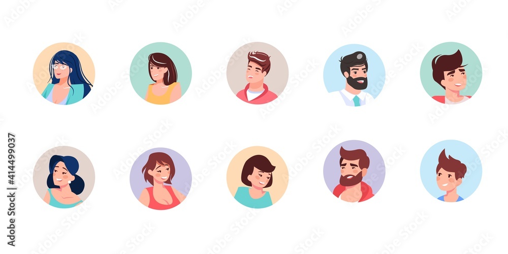 Set of smiling cartoon girl,boy flat characters avatars of different age,status,professions,various face expressions and hairstyles-lifestyle,communication,fashion,social media banner concept Set of smiling cartoon girl,boy flat characters avatars of different age,status,professions,various face expressions and hairstyles-lifestyle,communication,fashion,social media banner concept