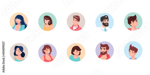 Set of smiling cartoon girl,boy flat characters avatars of different age,status,professions,various face expressions and hairstyles-lifestyle,communication,fashion,social media banner concept