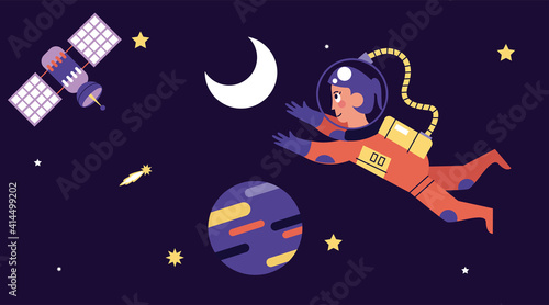 astronaut girl floating with satellite space scene