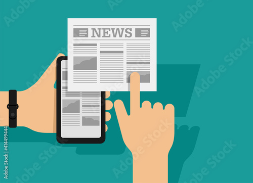 Mobile mass media - phone in hands and newspaper