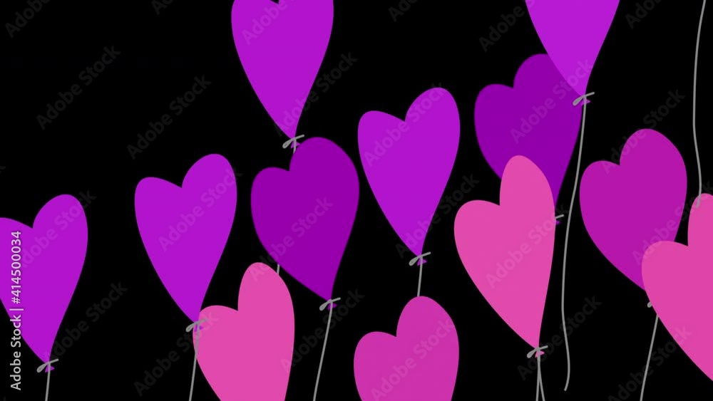 Pink and violet balloons in heart shape flying up on black background. Romantic postcard or background with violet and pink balloons for Valentine day congratulations Pink and violet balloons in heart shape flying up on black background. Romantic postcard or background with violet and pink balloons for Valentine day congratulations