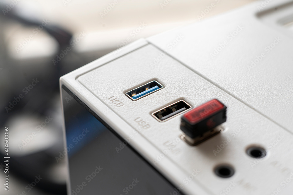 Fototapeta premium macro view of the usb 3.0 data connection, inserting the wire port equipment