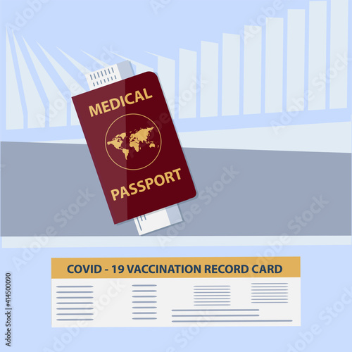 Vaccination record card Covid-19, medical passport - vector. Travel for new requirements. Preventive measures. Health care concept.