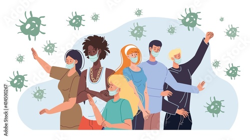 Cartoon flat characters wear face masks coronavirus covid-19 disease prevention protective measures vs 2019-ncov, personal hygiene viral respiratory infection concept