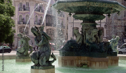 Ancient fountain at Rossio square in center of Lisbon, Portugal.