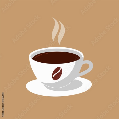 Isolated icon  an elegant cup of hot coffee. White cup with coffee bean print. Cartoon vector illustration.
