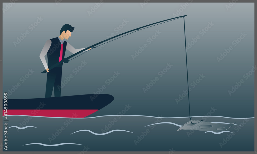 
vector flat illustration of businessman fishing money from the boat