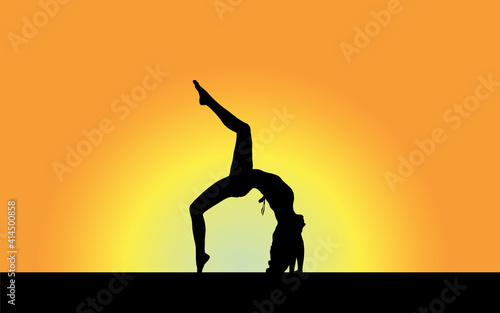 vector illustration of a black silhouette of a girl in a swimsuit standing on the bridge, lifting her right leg up, standing with her hands on the surface on a yellow orange gradient radial background