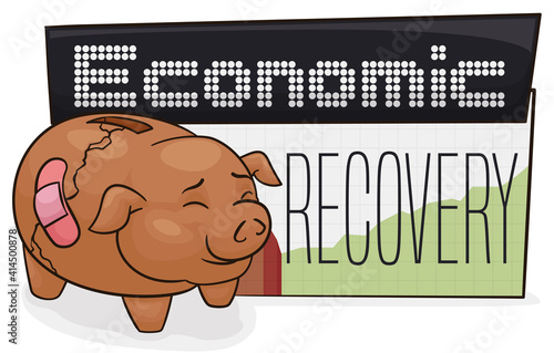 Fixed Piggy Bank over Signs Promoting Economic Recovery, Vector Illustration