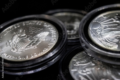 Close Up of Purse Silver American Eagle Bullion Coins as Money