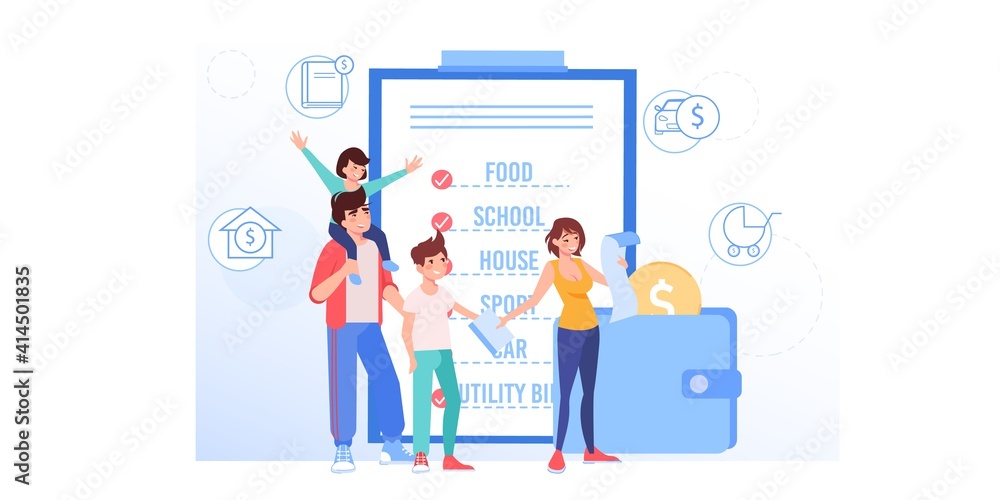 Vector cartoon flat happy family characters buy goods.Parents and kids use grocery shopping list for buying products-money saving,family budget management,web site banner ad concept design