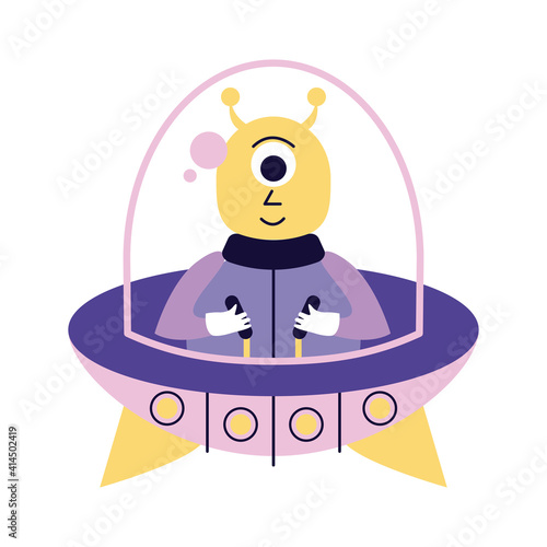 alien driving ufo comic character