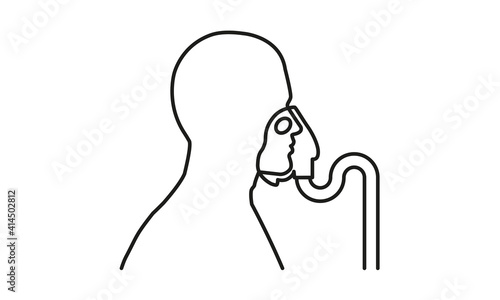 head silhouette icon with oxygen mask for hospital, and health clinics, inhaler, nebulizer, humidifier, vapour, for signage, signs and advertising about covid19 coronavirus treatment, black and white