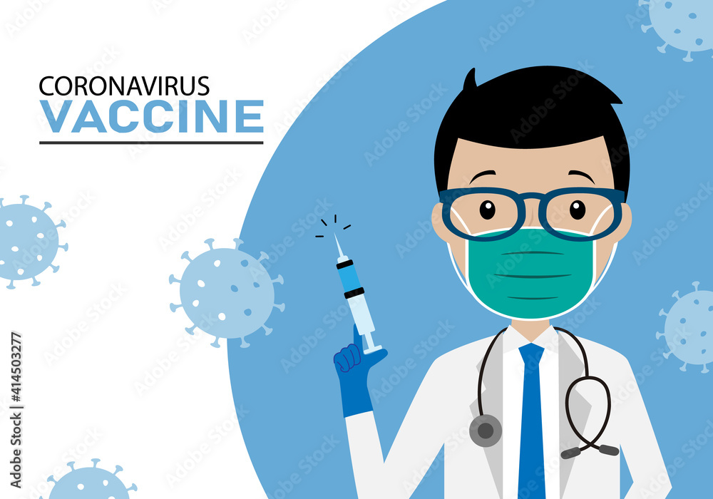 Vaccine card against coronavirus. Doctor with syringe. Isolated vector