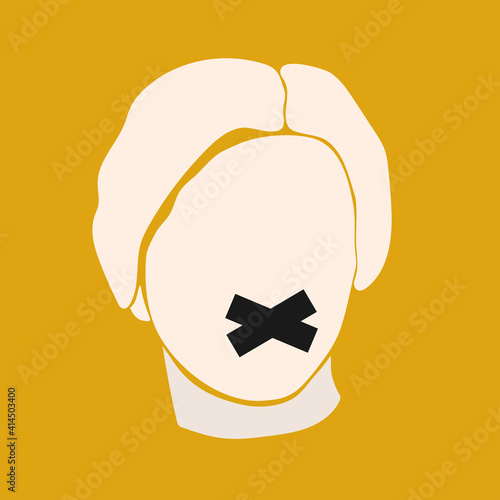 Female sealed mouth. Venus's head with the taped mouth. Censored. Poster, banner, design template. Feminism. Stop violence