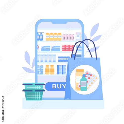 Vector cartoon flat medicines.Various drugs,pills,medications at online pharmacy drug store on mobile app screen with package for online delivery-telemedicine,web site banner ad concept