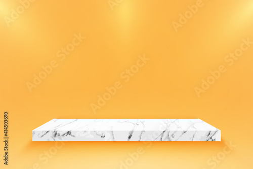 Product showcase with marble stand podium on gold room background. Use as montage for product display 