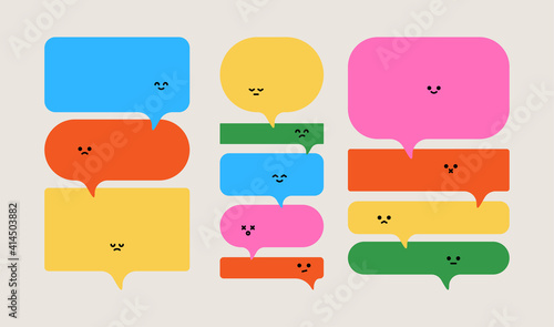 Abstract speech bubbles. Cartoon colorful geometric shapes cute emoji faces, message comic icons. Vector illustration