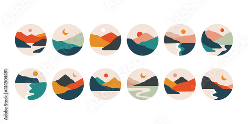 Abstract mountain landscape highlight covers. Nature minimalistic round shapes for social media. Vector illustration
