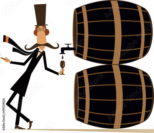 Cartoon long mustache man, wine, tuns illustration. Funny long mustache man in the top hat smokes a cigar and drinks wine from the big tun isolated on white
