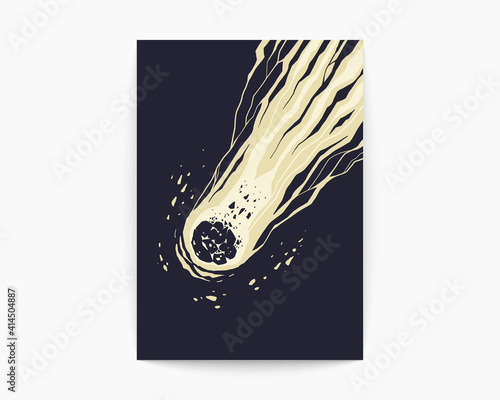 Grunge meteor sketch. Spectacular comet in space. Beautiful cosmic background in dark color and white. Vector art