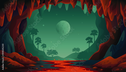 Jungle vector landscape. Cave landscape with an underground red river and forest. Vector illustration in flat cartoon style