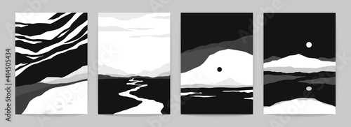 Black landscape posters. Set of monochrome nature sceneries, black and white mountains with sun and sea. Vector art