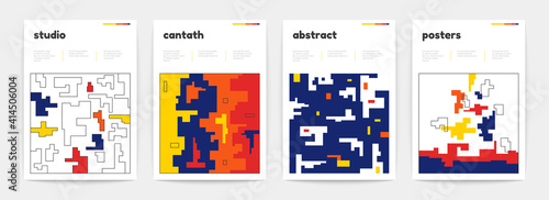 Abstract brutalism mosaic posters. Colored digital vector elements. Modern geometric shapes background set. Vector art