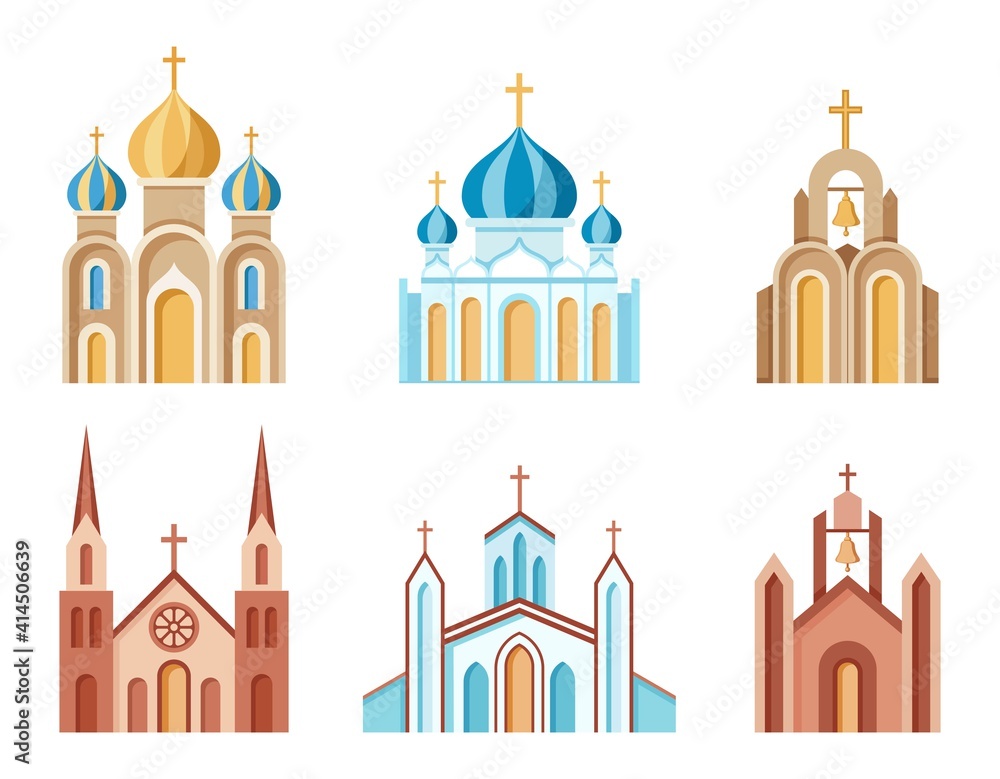 Cathedrals and churches set of colorful icons. Religious architectural buildings. Christian symbol. Collection of Catholic, Orthodox and Protestant churches. Isolated. Vector illustration