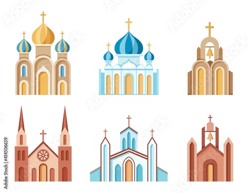 Cathedrals and churches set of colorful icons. Religious architectural buildings. Christian symbol. Collection of Catholic, Orthodox and Protestant churches. Isolated. Vector illustration